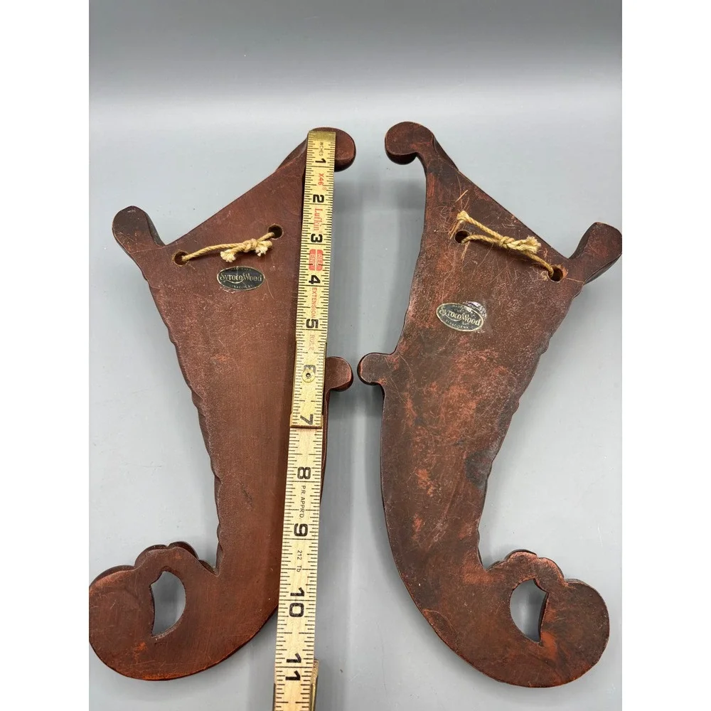 Vintage Syroco Wood Cornucopia‎ Wall Pockets Pair Brown Resin Decor
